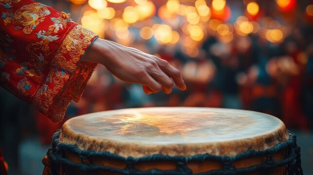 close-up of a hand poised over a drum in an ornate red embroidered sleeve, warm lantern bokeh and blurred crowd conveying festive anticipation
