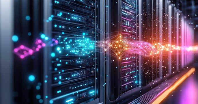 row of illuminated server racks with vibrant glowing data waves flowing through, neon blue pink and orange lights conveying futuristic energy and rapid digital connectivity