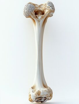 Isolated long white bone with porous textured ends on a clean white background, minimalist clinical still life evoking quiet scientific curiosity