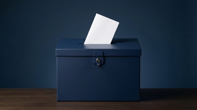 Secure blue ballot box with white paper ballot being inserted, representing voting and democracy
