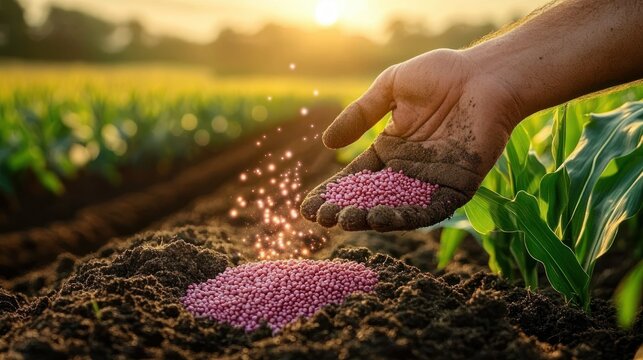 hand scattering pink fertilizer granules into dark soil beside young corn seedlings at sunset, glowing particles and warm light conveying nurturing hopeful growth
