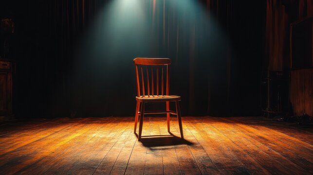 solitary wooden chair on dimly lit theater stage under a single spotlight casting a long shadow, evoking solitude and quiet anticipation