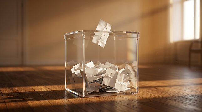 Transparent ballot box filled with crumpled paper votes on wooden floor, voting concept