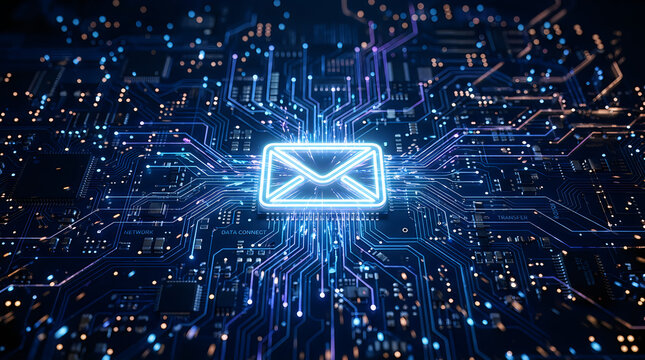 Digital email icon glowing on a complex blue circuit board background representing secure electronic communication and data transfer