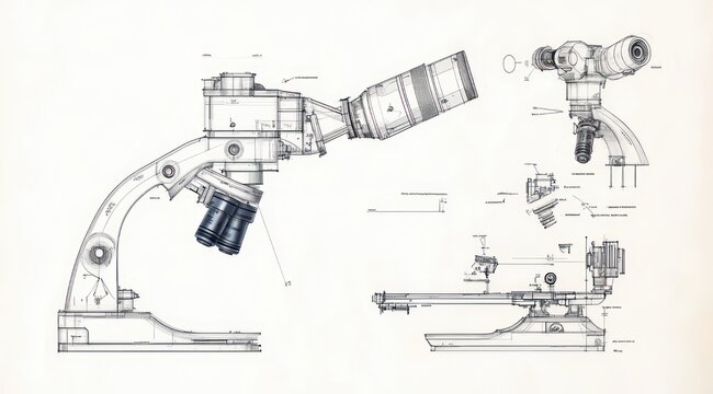 Detailed technical blueprint sketches of a compound microscope from multiple angles with measurements and annotations, evoking precision and scientific curiosity
