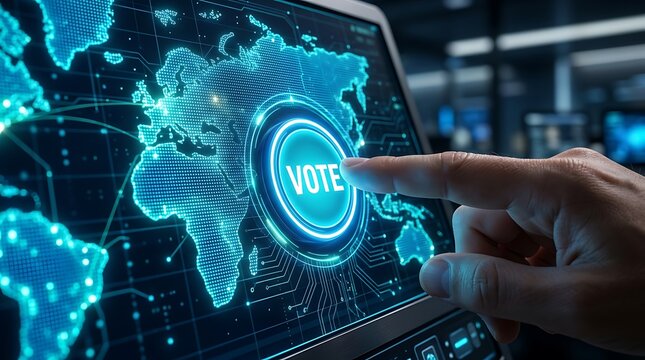 Global digital voting concept: Finger pressing a glowing blue 'VOTE' button on a futuristic world map screen