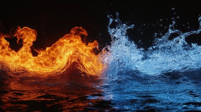 roaring orange flames and crashing blue water waves collide in a dramatic, energetic clash of fire and liquid against a dark background
