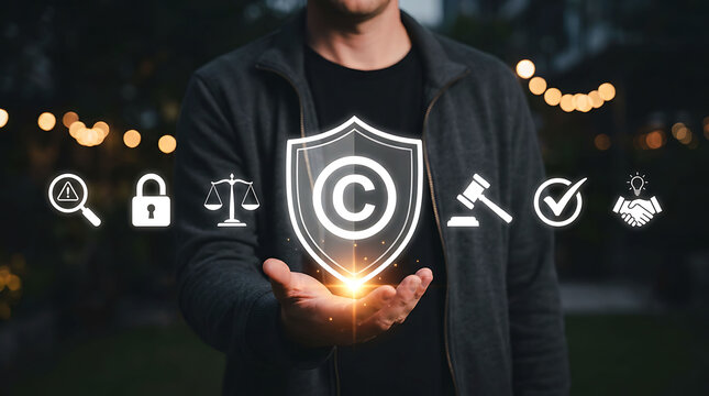 Man holding copyright shield icon with legal and intellectual property symbols
