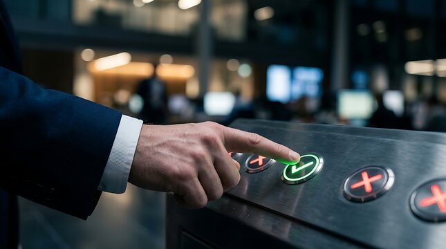 Business professional pressing green checkmark button on access control turnstile in modern office lobby
