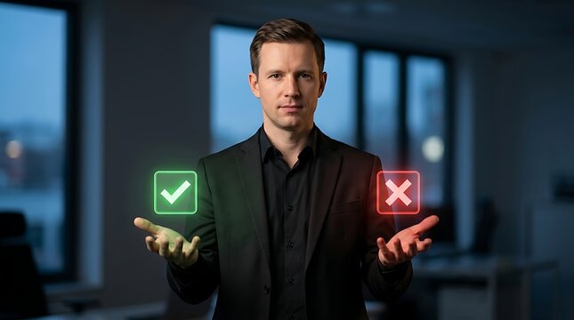 Man choosing between right and wrong with glowing checkmark and cross icons
