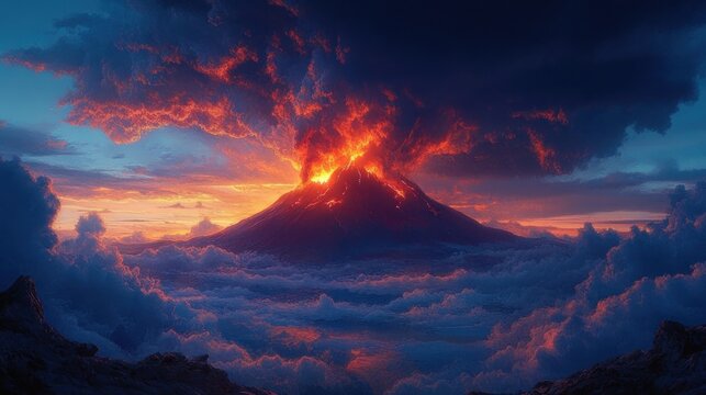 Majestic erupting volcano spewing lava and ash into a fiery sky above a sea of clouds, glowing sunset colors and dramatic, awe-inspiring intensity