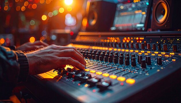 Sound Engineer Mixing Audio on Professional Console in Recording Studio