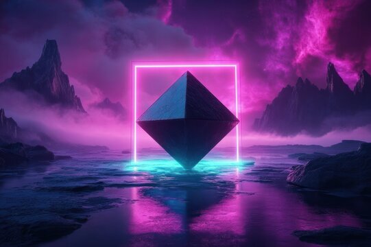 Floating dark geometric octahedron above reflective water framed by a glowing pink neon square amid misty purple mountains and clouds, mysterious and otherworldly