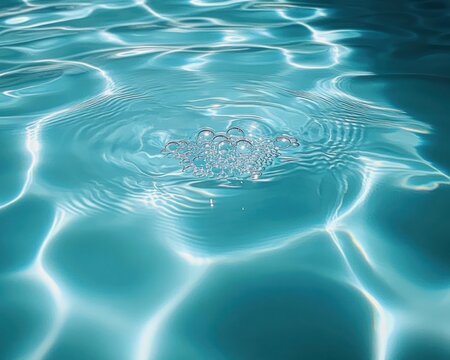 cluster of air bubbles on sunlit turquoise water surface with gentle ripples and shimmering light reflections evoking calm tranquility