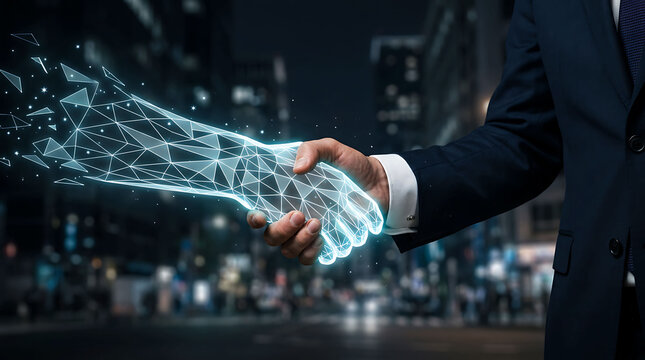 Businessman shaking hands with a digital artificial intelligence wireframe arm