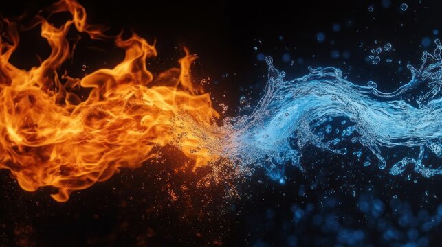 orange flames and blue water splashing together in a dramatic clash with sparks and droplets against a dark background conveying intense energy and tension