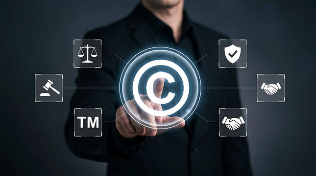 Businessman touching copyright symbol hologram with legal and business icons