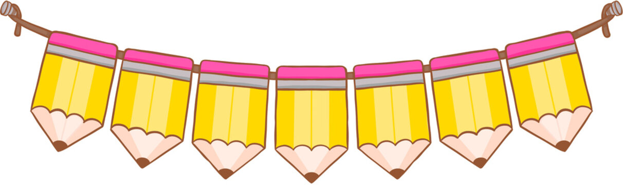 Hand drawn cute garland banner made of yellow pencils hanging on a string.