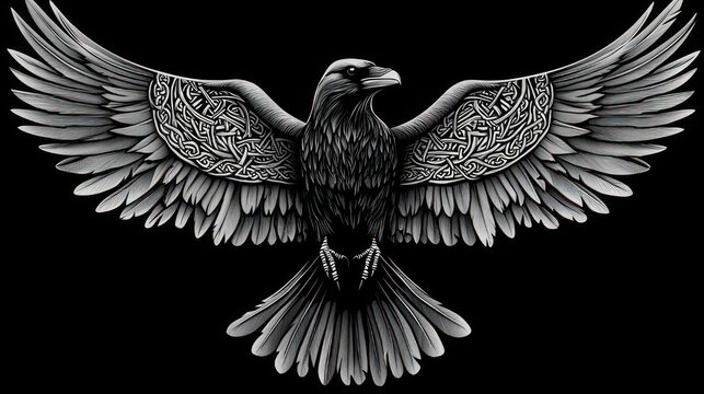 Majestic black raven with outstretched wings and intricate Celtic knotwork on ornamental upper wings, detailed feathers and talons on a dark background, powerful and stoic