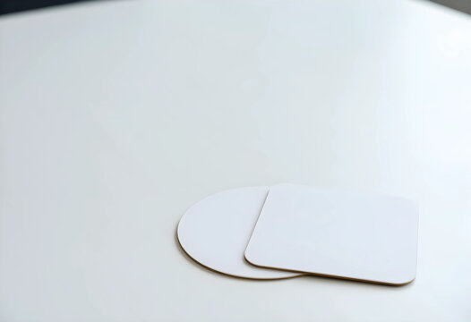 Branding and corporate identity mockup, blank round and square coasters on white table for logo design presentation and hospitality marketing materials