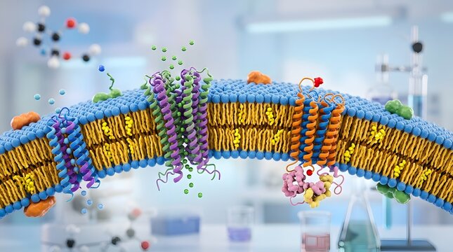 Cell membrane lipid bilayer structure with integrated proteins 3d
