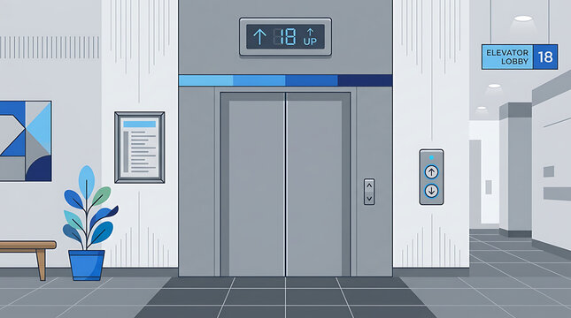 Modern office elevator lobby illustration with digital display showing floor 18 and up arrow