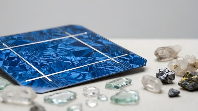 Blue polycrystalline solar cell with raw mineral crystals