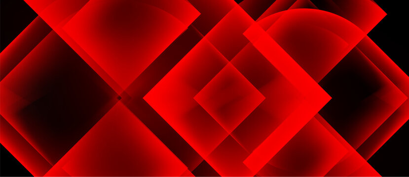 Red geometric shapes overlap, creating abstract design. Brightness varies, suggesting depth, against black background.