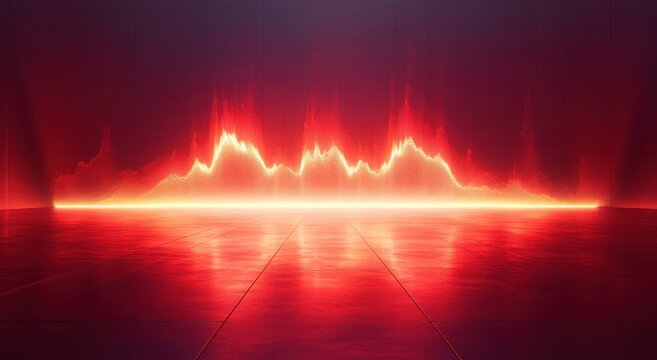 Intense glowing red waveform ridge across a dark stage with reflective tiled floor, dramatic futuristic energy