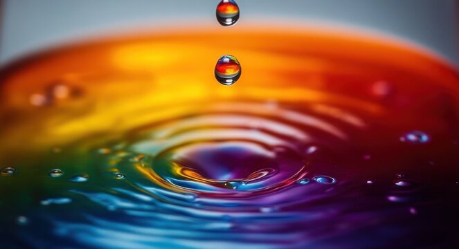 colorful water droplets falling into rainbow-hued liquid creating concentric ripples and glossy reflections, a tranquil mesmerizing macro moment
