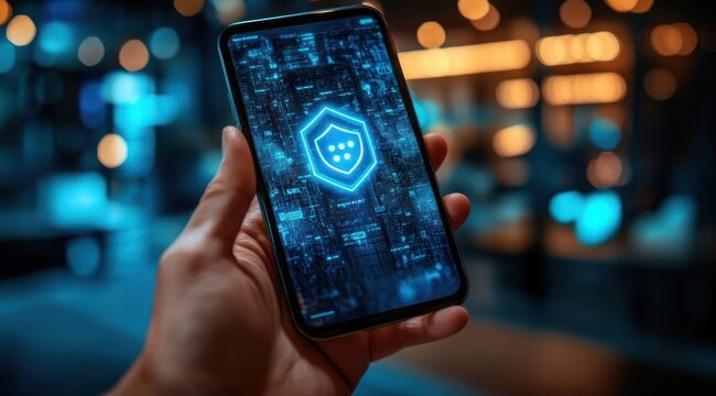 Hand holding smartphone displaying glowing digital shield icon over circuit board pattern with warm bokeh lights in background, conveying secure confident mobile protection