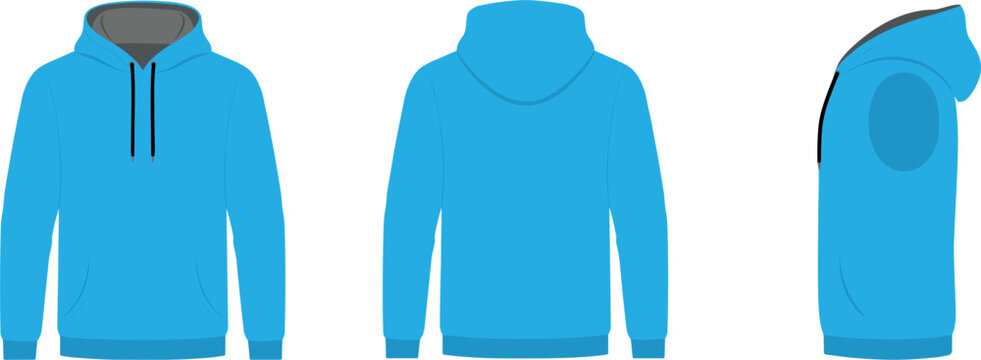 PrintBlank Blue Hoodie Template Set featuring Front Back and Side Views of a Hooded Sweatshirt for Fashion Apparel Tech Packs and Clothing Branding Mockups