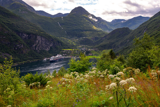 A beautiful nature and town mix in the Geiranger village. A summer scenery of World Heritage area in Western Norway.