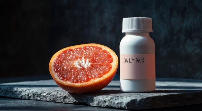halved ruby grapefruit beside a plain white medicine bottle on a dark stone slab, dramatic moody lighting conveying a contemplative clinical contrast between fresh fruit and pharmaceutical