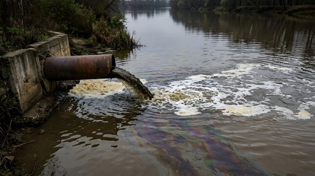 Industrial pipe discharging contaminated waste water into a river