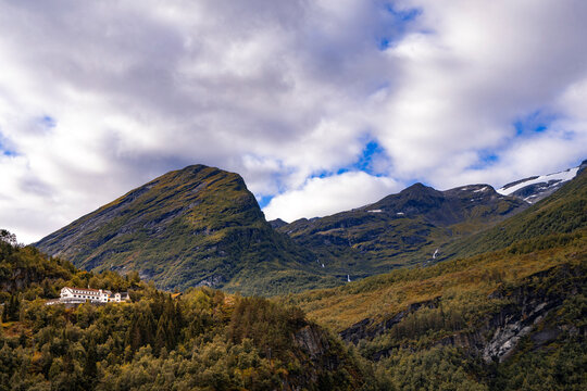 A beautiful nature and town mix in the Geiranger village. A summer scenery of World Heritage area in Western Norway.