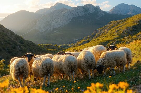 Flock of woolly sheep grazing on a sunlit mountain meadow dotted with yellow wildflowers at golden hour, peaceful and idyllic pastoral scene