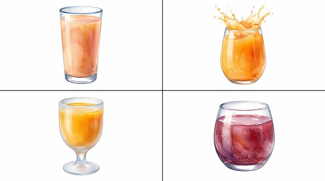 Fresh Fruit Juices Set Featuring Vibrant Orange Mango and Rich Berry Nectar Poured Into Various Glassware Containers For Refreshing Summer Beverage Menus And Healthy Lifestyle Drink Marketing