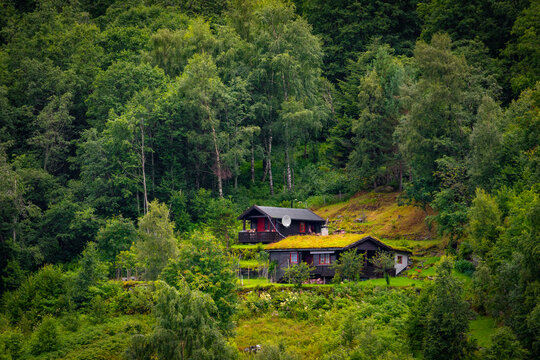 A beautiful nature and town mix in the Geiranger village. A summer scenery of World Heritage area in Western Norway.