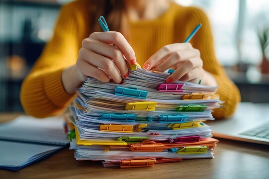 Hands sorting a towering stack of clipped papers with colorful binder clips on a desk, person in a yellow sweater, conveying focused overwhelm and busy office work
