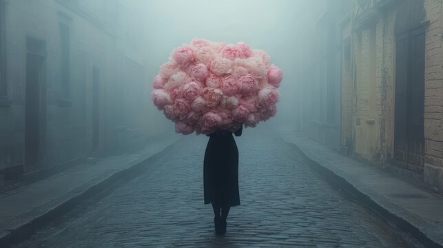 solitary figure in a dark coat walks down a foggy cobblestone street carrying an enormous bouquet of pale pink peonies, evoking mystery and quiet melancholy