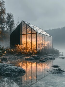 Glowing glass greenhouse cabin on a rocky lakeshore, warm interior plants casting golden reflections in misty water, tranquil moody secluded retreat