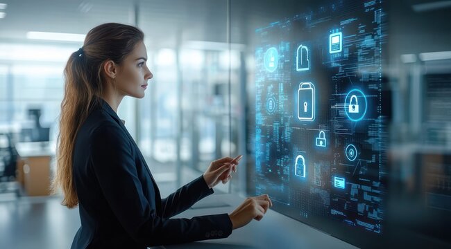 professional woman interacting with holographic cybersecurity interface showing padlock icons and data visuals in a modern office, focused and engaged