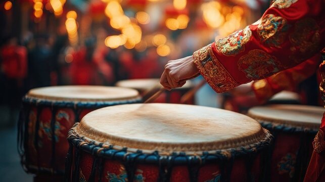 Close-up of hand striking a traditional drum while wearing an ornate red sleeve during a lively nighttime festival with warm bokeh lights and rhythmic energy