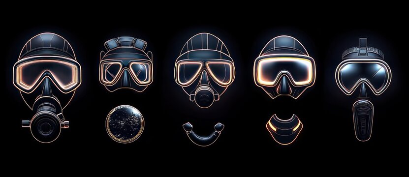Row of five glowing futuristic breathing masks and helmets with three floating components on a dark background, evoking a mysterious clinical mood