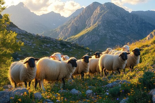 flock of woolly sheep on a sunlit alpine meadow with wildflowers and rocky slope, rugged mountain peaks and golden hour sky conveying a peaceful pastoral mood