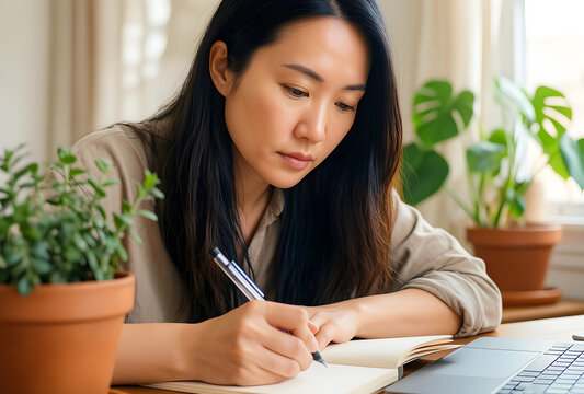 Productivity and remote work, focused woman writing in a notebook at home office desk with laptop for freelance career planning and daily task management