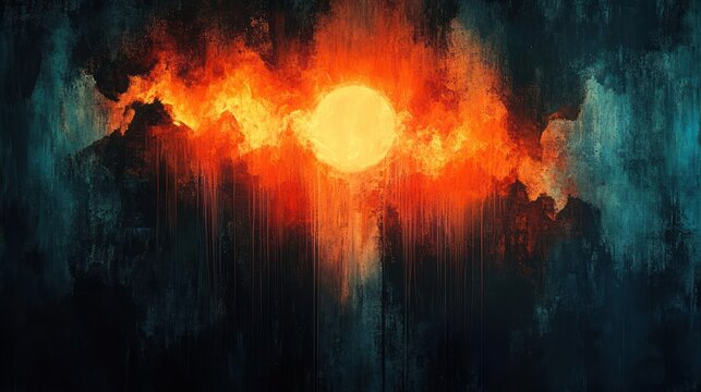 Luminous molten orb breaking through burning orange clouds with vertical paint drips into a dark textured teal void, surreal dramatic and intense atmosphere