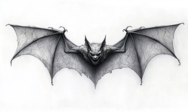 front-facing large bat with outstretched veined wings, snarling face showing sharp teeth and claws, detailed monochrome pencil and ink sketch conveying a menacing, ominous mood