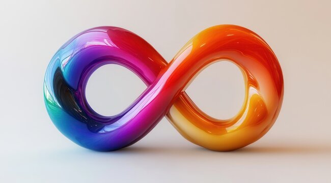 glossy multicolored 3d infinity loop with smooth reflective surface and soft shadow on a neutral background, conveying vibrant optimistic energy